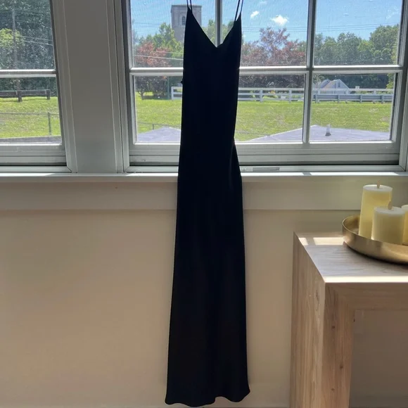 topshop black satin dress Topshop satin draped neck maxi dress with lace trim in black